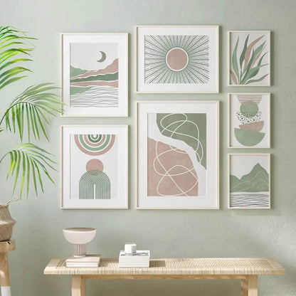 Abstract Sage Green Geometric Boho Wall Art Canvas Print For Modern Living Room Bedroom Home Decor