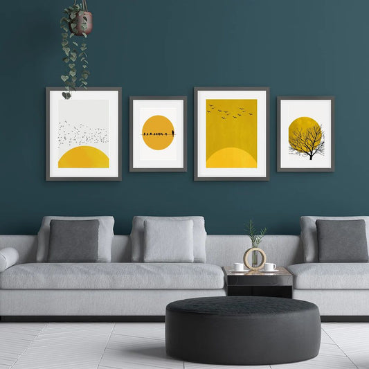 Abstract Tree Sun Yellow Wall Art Minimalist Canvas Prints Nordic Geometric Posters Gallery Wall Art Set Of 4 Posters For Modern Living Room Home Decor