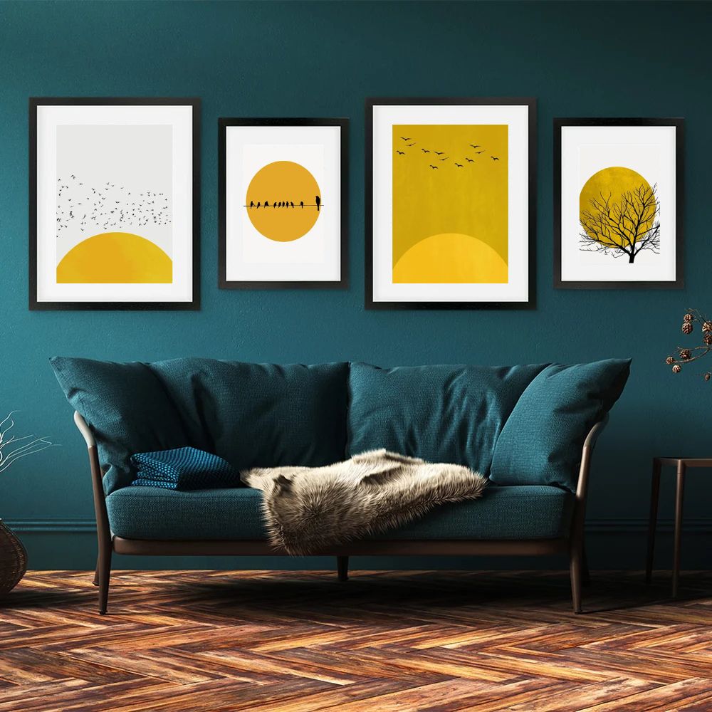 Abstract Tree Sun Yellow Wall Art Minimalist Canvas Prints Nordic Geometric Posters Gallery Wall Art Set Of 4 Posters For Modern Living Room Home Decor