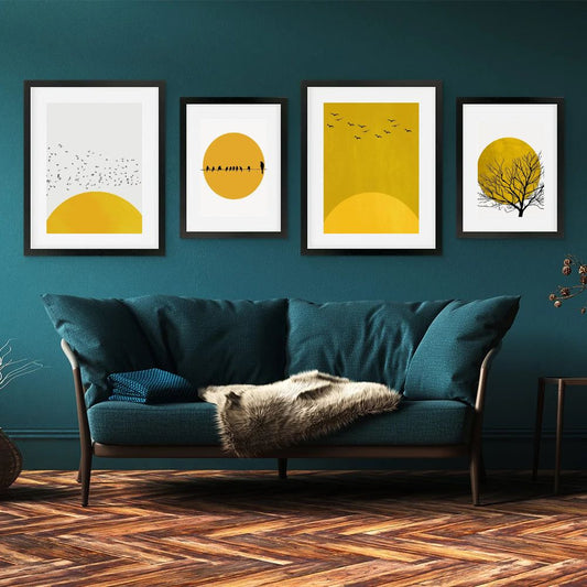 Abstract Tree Sun Yellow Wall Art Minimalist Canvas Prints Nordic Geometric Posters Gallery Wall Art Set Of 4 Posters For Modern Living Room Home Decor