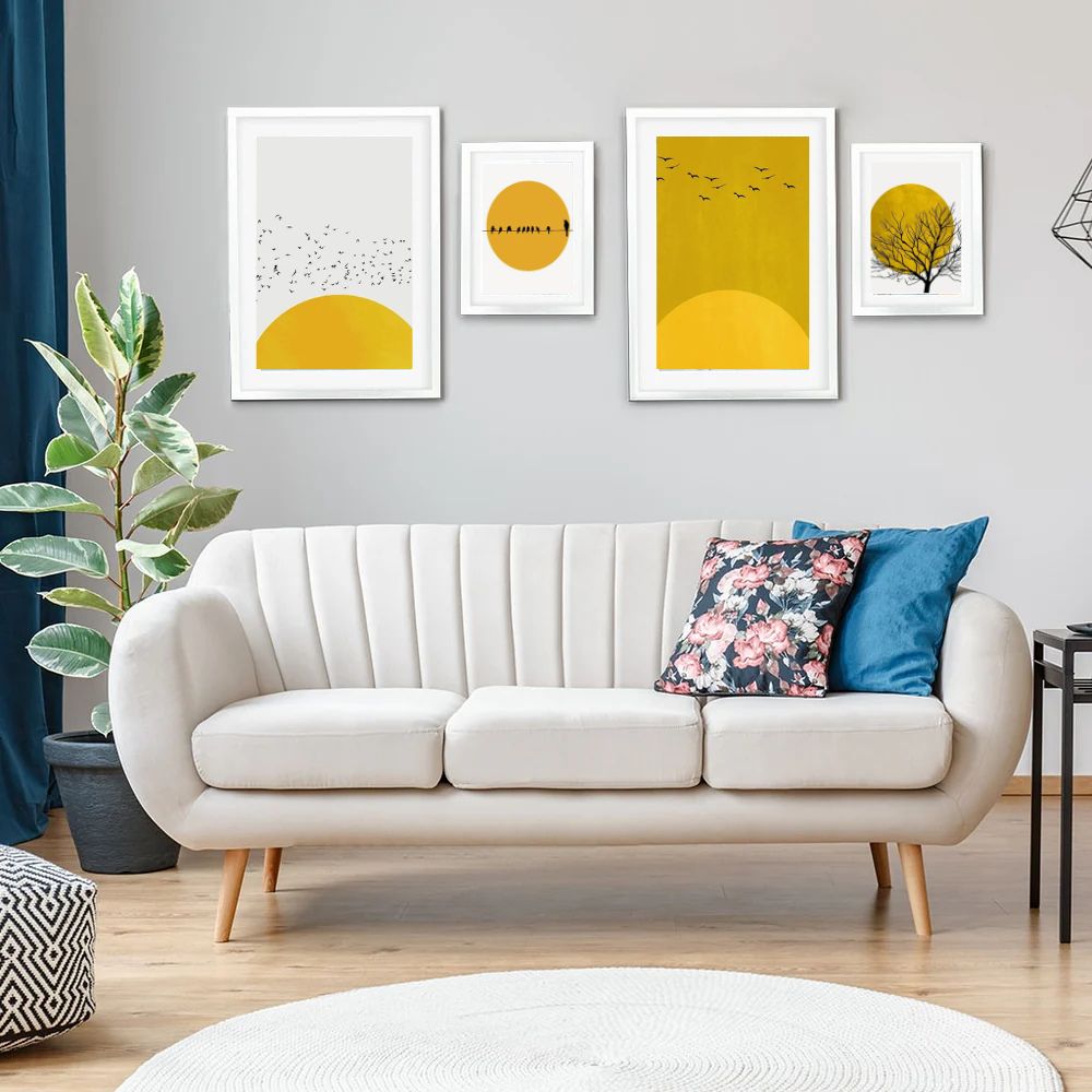 Abstract Tree Sun Yellow Wall Art Minimalist Canvas Prints Nordic Geometric Posters Gallery Wall Art Set Of 4 Posters For Modern Living Room Home Decor