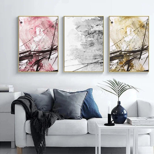 Abstract Watercolor Gray Black White Pink Ink Splash Modern Canvas Print Wall Art For Minimalist Scandinavian Living Room Office Wall Décor