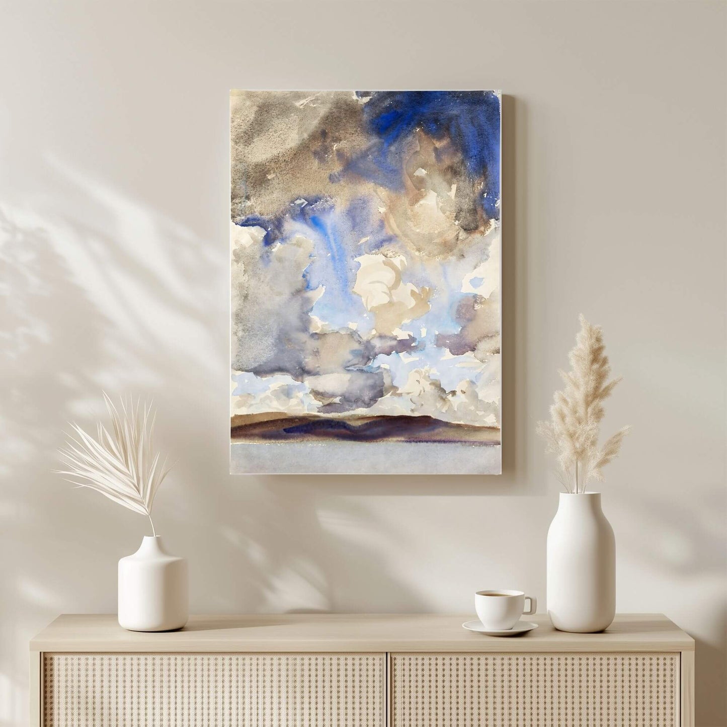 Abstract Watercolor Landscape Wall Art Canvas Print - Framed Neutral Blue Beige Sky Wall Art