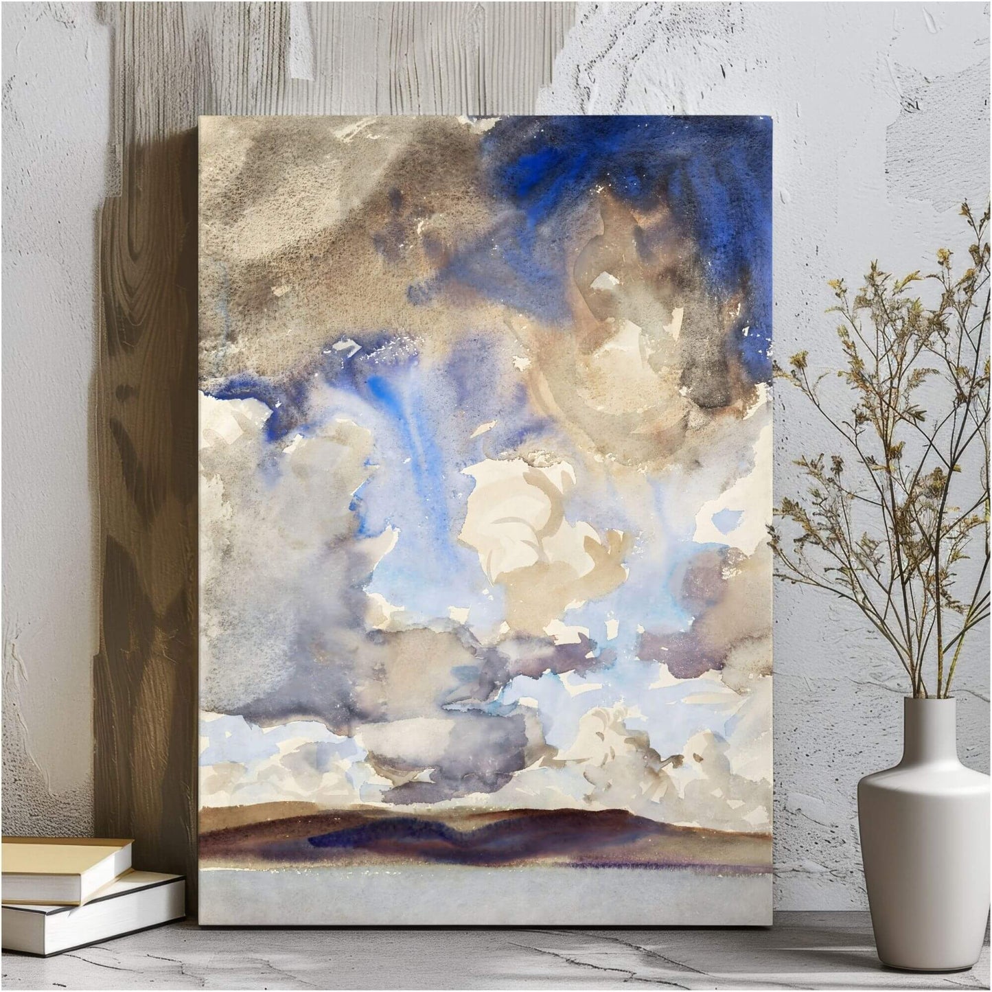 Abstract Watercolor Landscape Wall Art Canvas Print - Framed Neutral Blue Beige Sky Wall Art