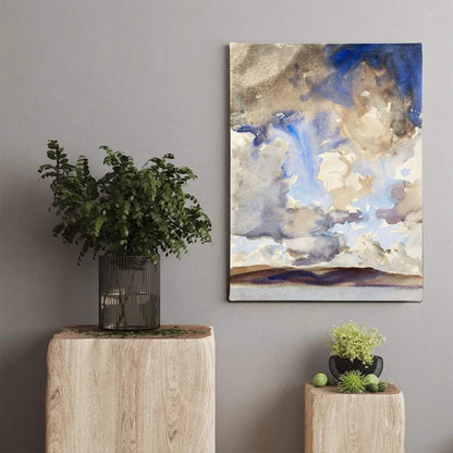 Abstract Watercolor Landscape Wall Art Canvas Print - Framed Neutral Blue Beige Sky Wall Art