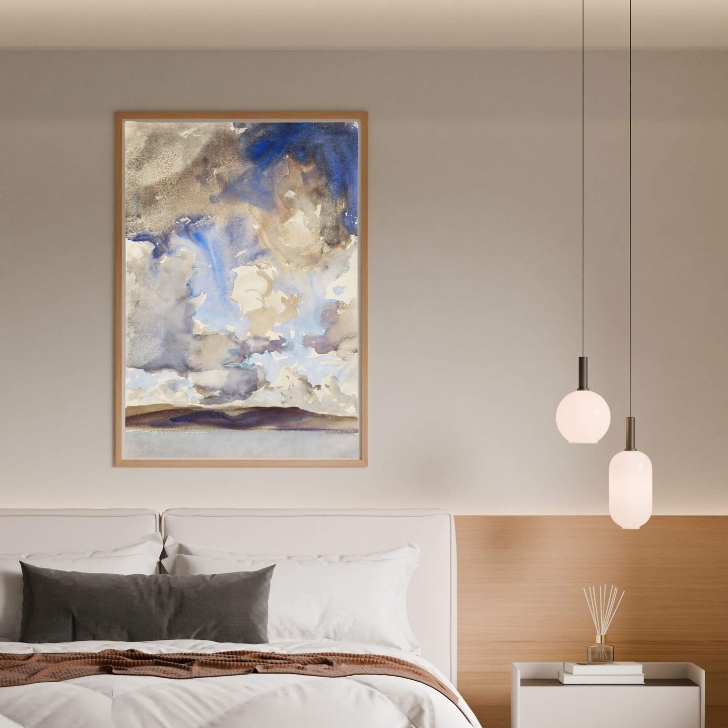 Abstract Watercolor Landscape Wall Art Canvas Print - Framed Neutral Blue Beige Sky Wall Art