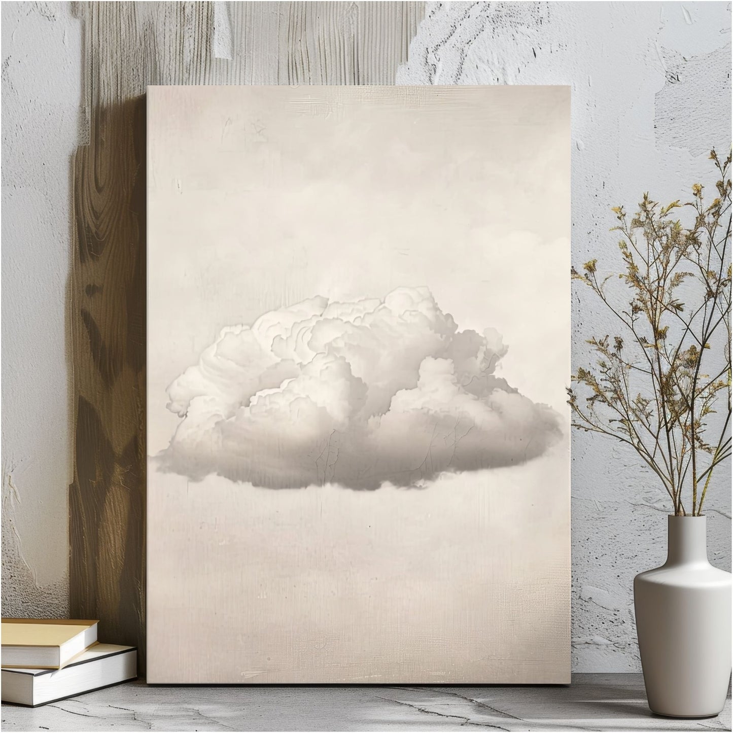 Abstract White Cloud Wall Art Canvas - Framed Minimalist Pastel Sky Wall Art