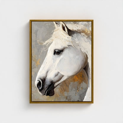 Framed artwork of a white horse's head on a light gray background
