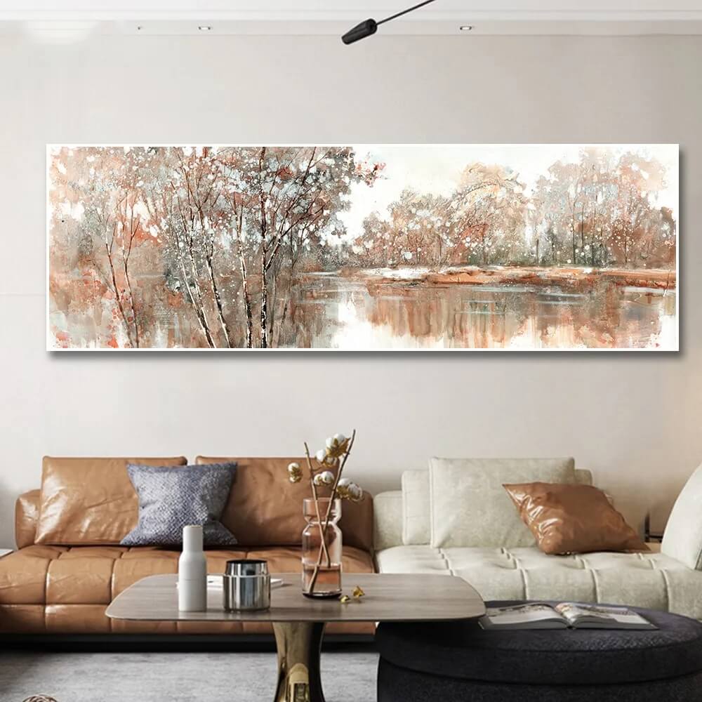 Abstract Autumn Landscape Canvas Print | Nature Poster Tree Lake Pictures Wide Format Wall Art For Living Room Bedroom Home Décor
