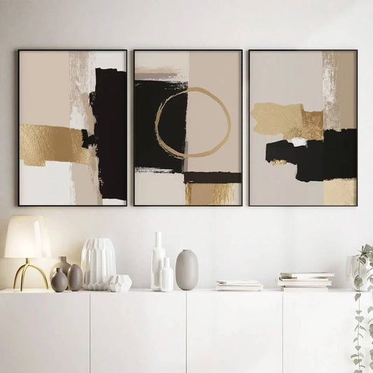 Abstract Beige Golden Black Canvas Prints Modern Neutral Wall Art Pastel Pictures Gallery Art For Living Room Décor