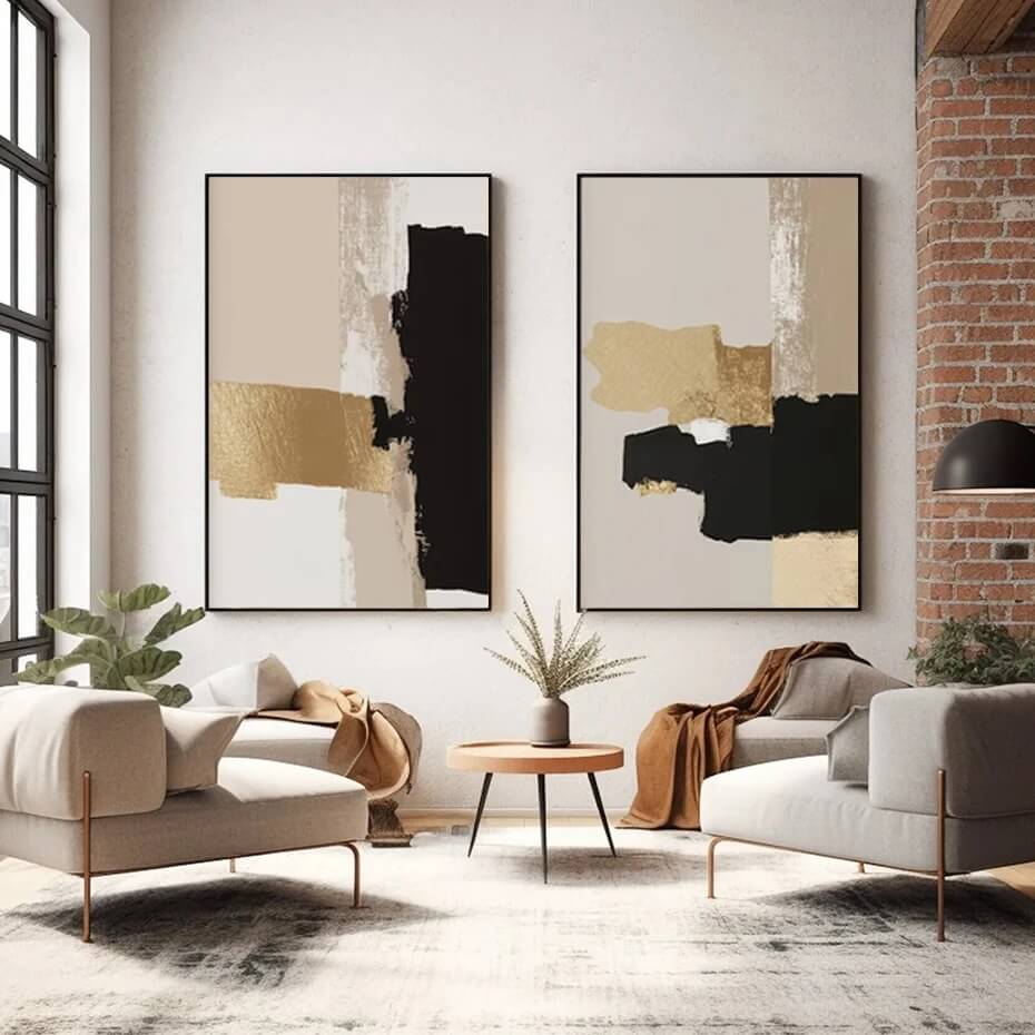 Abstract Beige Golden Black Canvas Prints Modern Neutral Wall Art Pastel Pictures Gallery Art For Living Room Décor