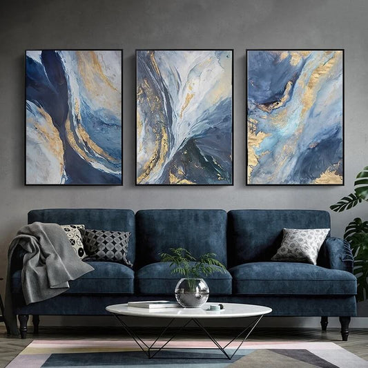 Abstract Blue Gold Marble Print Wall Art Canvas Print Modern Pictures For Luxury Living Room Bedroom Home Décor
