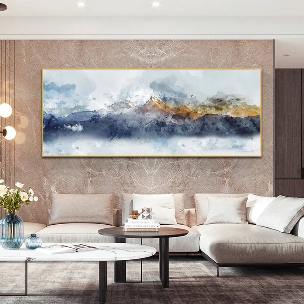 Abstract Blue Mountain Print | Nordic Poster Landscape Art Wide Format Wall Art For Modern Living Room Bedroom Home Décor