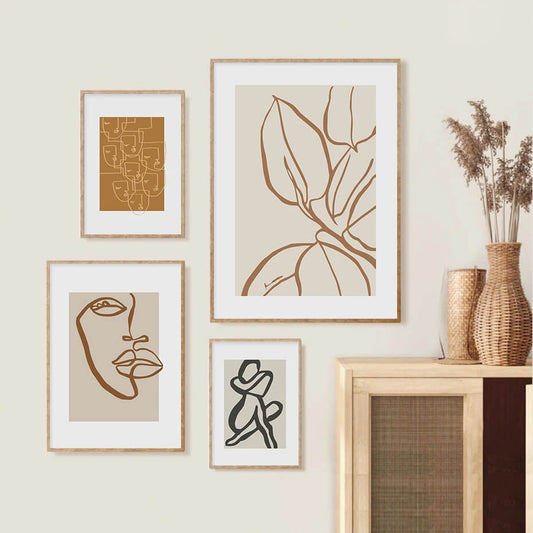 Abstract Boho Hand Drawn Sketch Figure Plants Line Art Canvas Prints Minimalist Neutral Wall Art Poster For Modern Living Room Gallery Art Décor