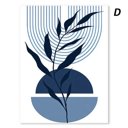 Abstract design with blue leaves and circular shapes on a white background