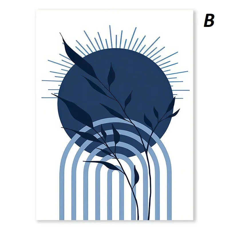 Abstract design with blue circular element and leaf-like shapes on a white background