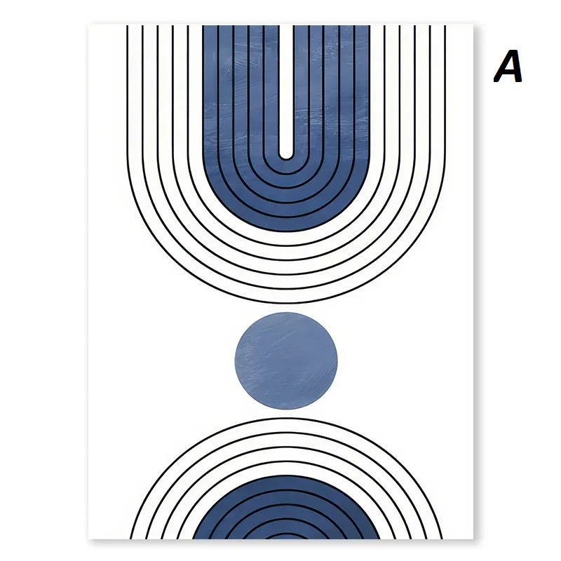 Geometric design with blue and black concentric circles on a white background