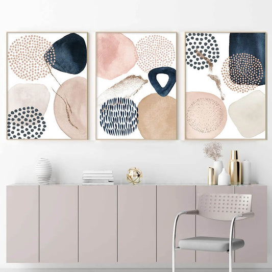 Abstract Boho Watercolor Blue Beige Pink Geometric Canvas Print Wall Art Poster Minimalist Pink Fine Art Pictures For Living Room Décor