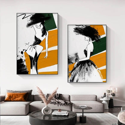 Abstract Figure Fashion Wall Art Canvas Print Modern Woman Poster Orange Green Black Pictures For Girls Room Living Room Home Décor