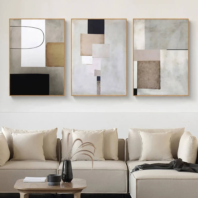 Abstract Geometric Vintage Block Canvas Prints Minimalist Grey White Posters Wall Art Neutral Pictures For Office Home Décor