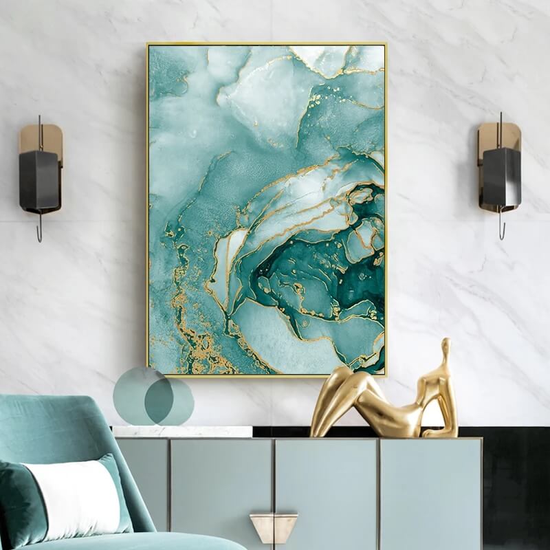 Abstract Green Watercolor Golden Marble Texture Canvas Print Wall Art Modern Flowing Pictures For Living Room Interior Home Décor