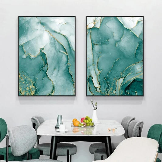 Abstract Green Watercolor Golden Marble Texture Canvas Print Wall Art Modern Flowing Pictures For Living Room Interior Home Décor