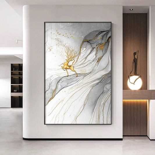 Abstract Landscape Golden Stag Canvas Print Wall Art Modern Luxury Pictures For Living Room Bedroom Wall Décor