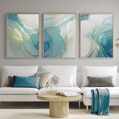 Abstract Marble Turquoise Golden Fluid Canvas Prints Wall Art Modern Poster For Luxury Living Room Home Décor