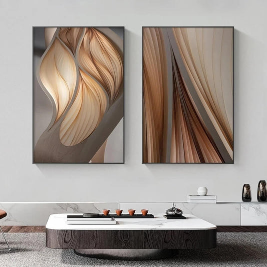 Abstract Modern Beige Brown Flowing Line Canvas Prints Fine Art Minimalist Poster Pictures For Nordic Home Décor