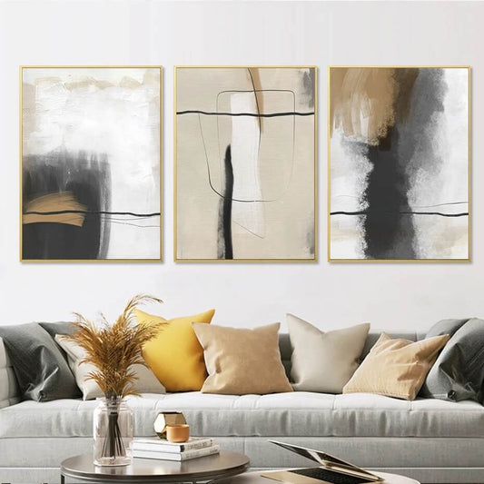 Abstract Modern Black Beige Brush Line Wall Art Canvas Prints Scandinavian Contemporary Wall Pictures For Modern Living Room Décor
