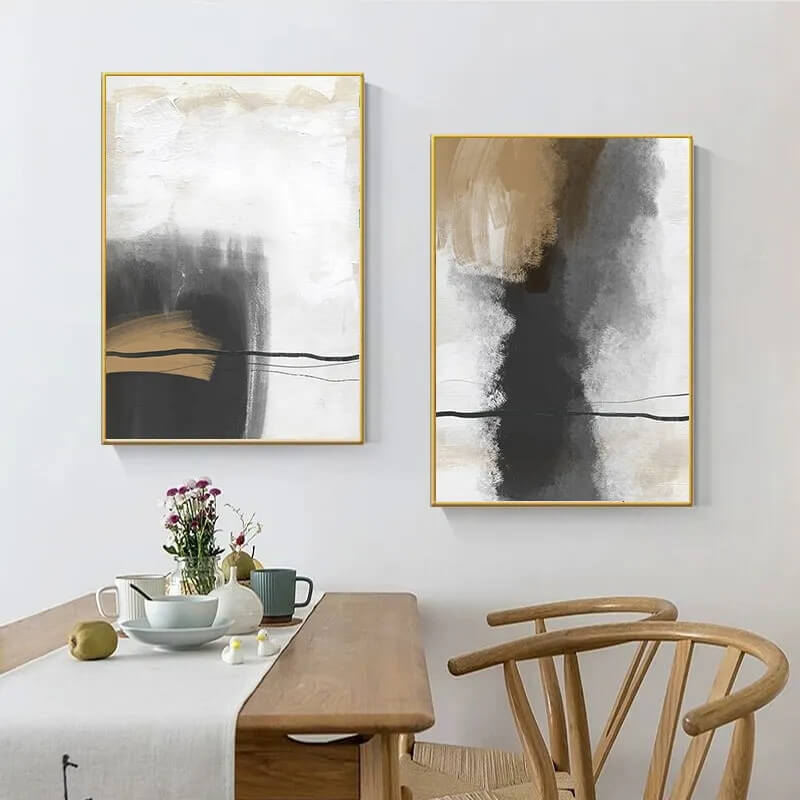 Abstract Modern Black Beige Brush Line Wall Art Canvas Prints Scandinavian Contemporary Wall Pictures For Modern Living Room Décor