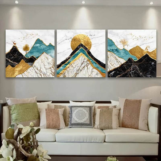 Abstract Mountain Peak Wall Art Canvas Print Golden Sun Stag Marble Scenery Posters Nordic Modern Pictures For Bedroom Home Décor