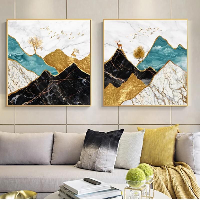 Abstract Mountain Peak Wall Art Canvas Print Golden Sun Stag Marble Scenery Posters Nordic Modern Pictures For Bedroom Home Décor