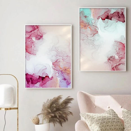 Abstract Pink Ink Watercolor Flowing Canvas Print Fine Art Modern Wall Art Pink Poster Gallery Art For Living Room Bedroom Home Décor