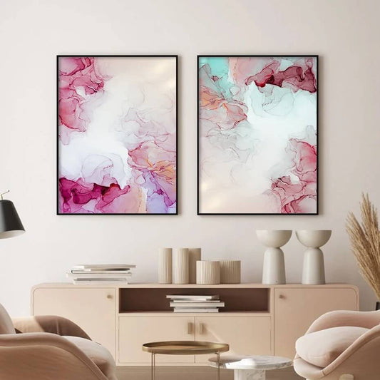Abstract Pink Ink Watercolor Flowing Canvas Print Fine Art Modern Wall Art Pink Poster Gallery Art For Living Room Bedroom Home Décor
