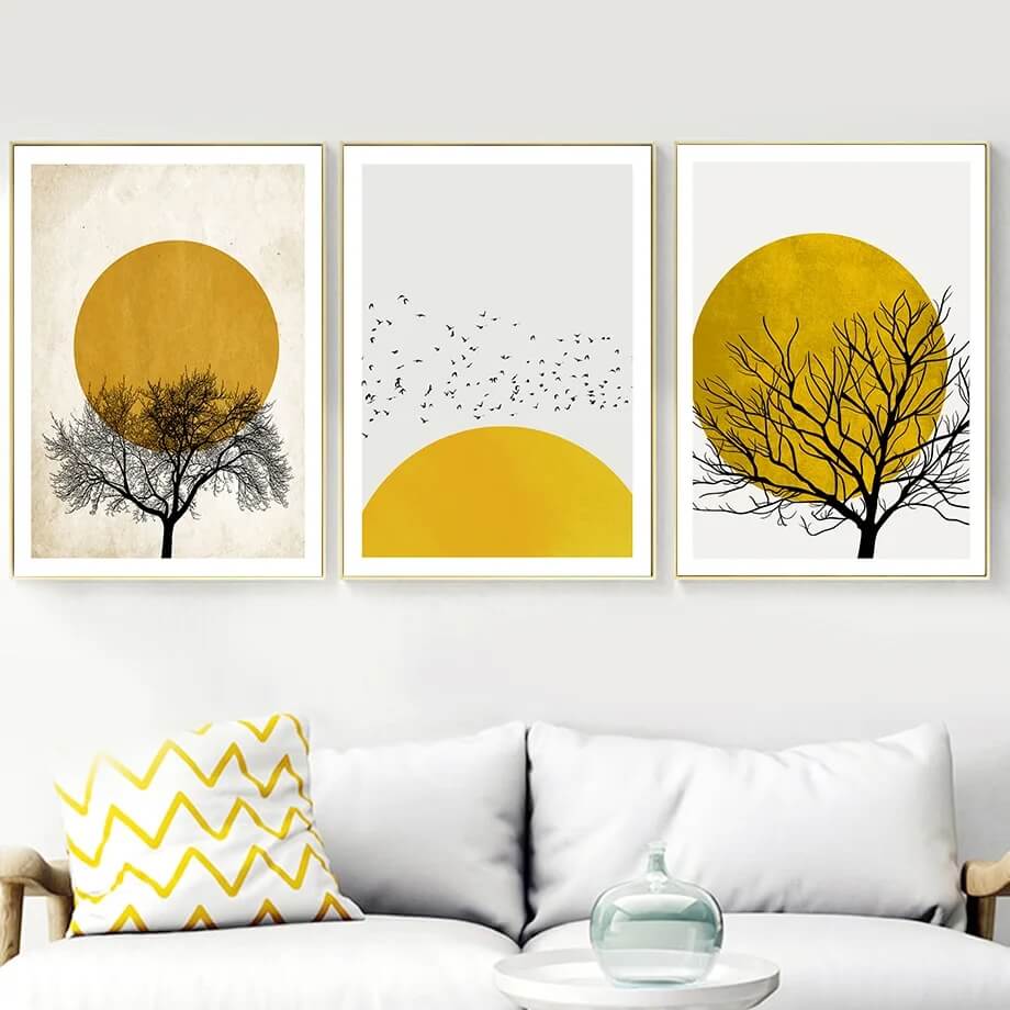 Abstract Tree Sun Wall Art Minimalist Canvas Prints Nordic Geometric Posters Yellow Pictures For Scandinavian Living Room Bedroom Décor