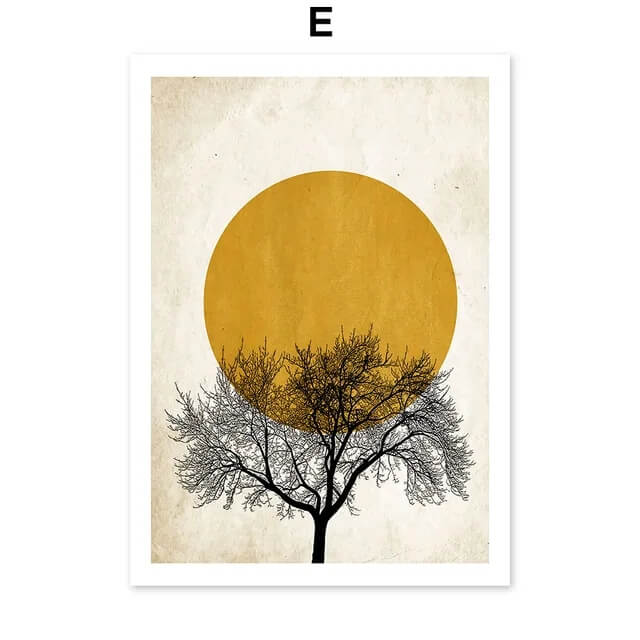 Abstract Tree Sun Wall Art Minimalist Canvas Prints Nordic Geometric Posters Yellow Pictures For Scandinavian Living Room Bedroom Décor