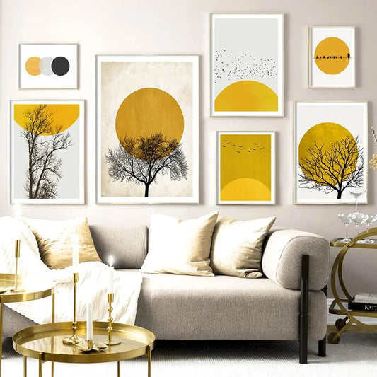Abstract Tree Sun Wall Art Minimalist Canvas Prints Nordic Geometric Posters Yellow Pictures For Scandinavian Living Room Bedroom Décor