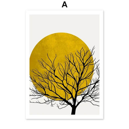 Abstract Tree Sun Wall Art Minimalist Canvas Prints Nordic Geometric Posters Yellow Pictures For Scandinavian Living Room Bedroom Décor