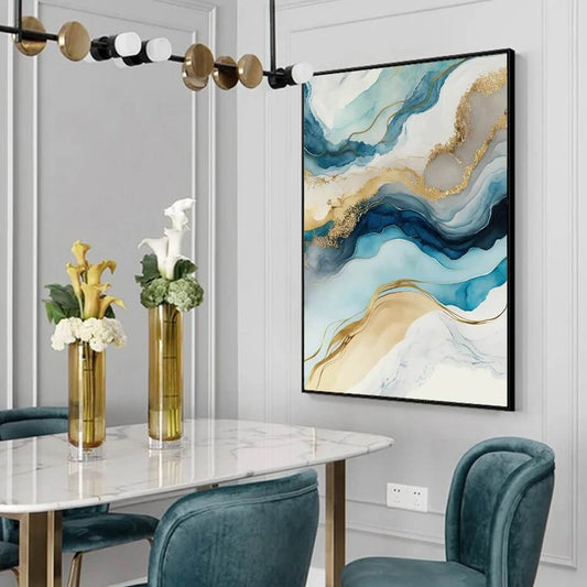 Abstract Watercolor Blue Gold Marble Canvas Prints Wall Art Nordic Flowing Pictures For Modern Living Room Bedroom Home Décor