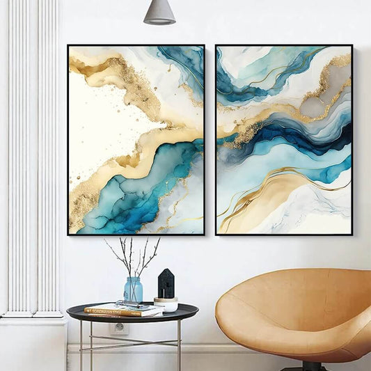 Abstract Watercolor Blue Gold Marble Canvas Prints Wall Art Nordic Flowing Pictures For Modern Living Room Bedroom Home Décor