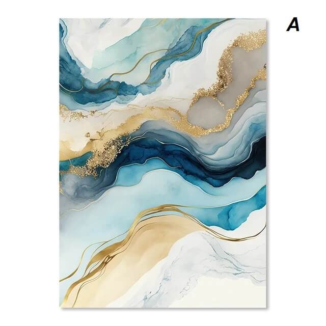 Abstract Watercolor Blue Gold Marble Canvas Prints Wall Art Nordic Flowing Pictures For Modern Living Room Bedroom Home Décor