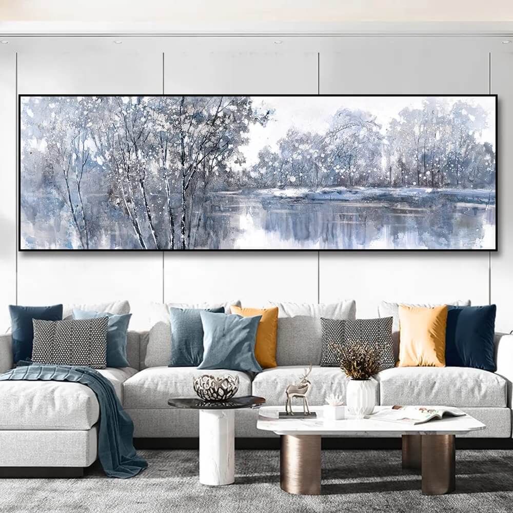 Abstract Winter Blue Landscape Canvas Print | Nature Poster Tree Lake Pictures Wide Format Wall Art For Living Room Above Sofa Home Décor