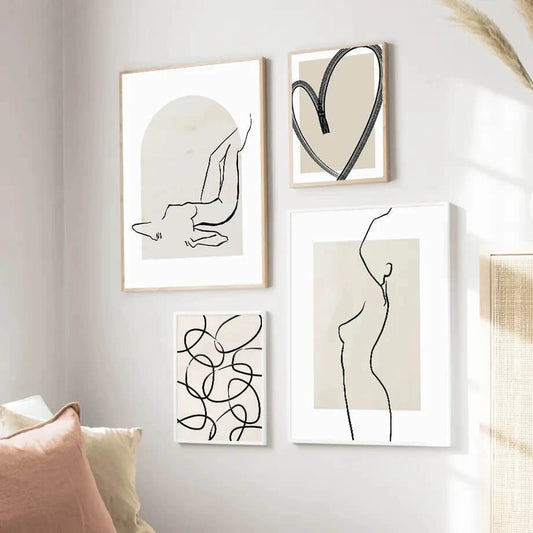 Abstract Woman Silhouette Line Figure Wall Art Canvas Print Minimalist Girl Poster Pastel Geometric Pictures For Modern Scandinavian Living Room Décor