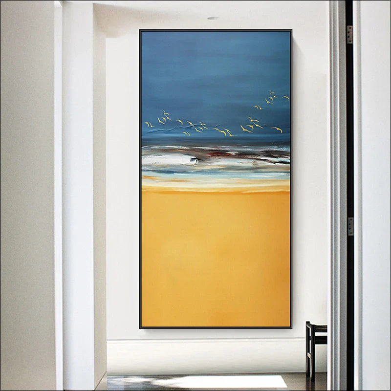 Abstract Beach Scene Canvas Print Sea Landscape Wall Art Sand Gentle Waves & Sky with Birds