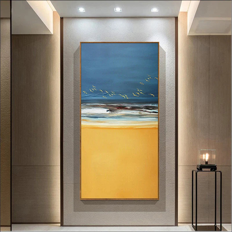 Abstract Beach Scene Canvas Print Sea Landscape Wall Art Sand Gentle Waves & Sky with Birds