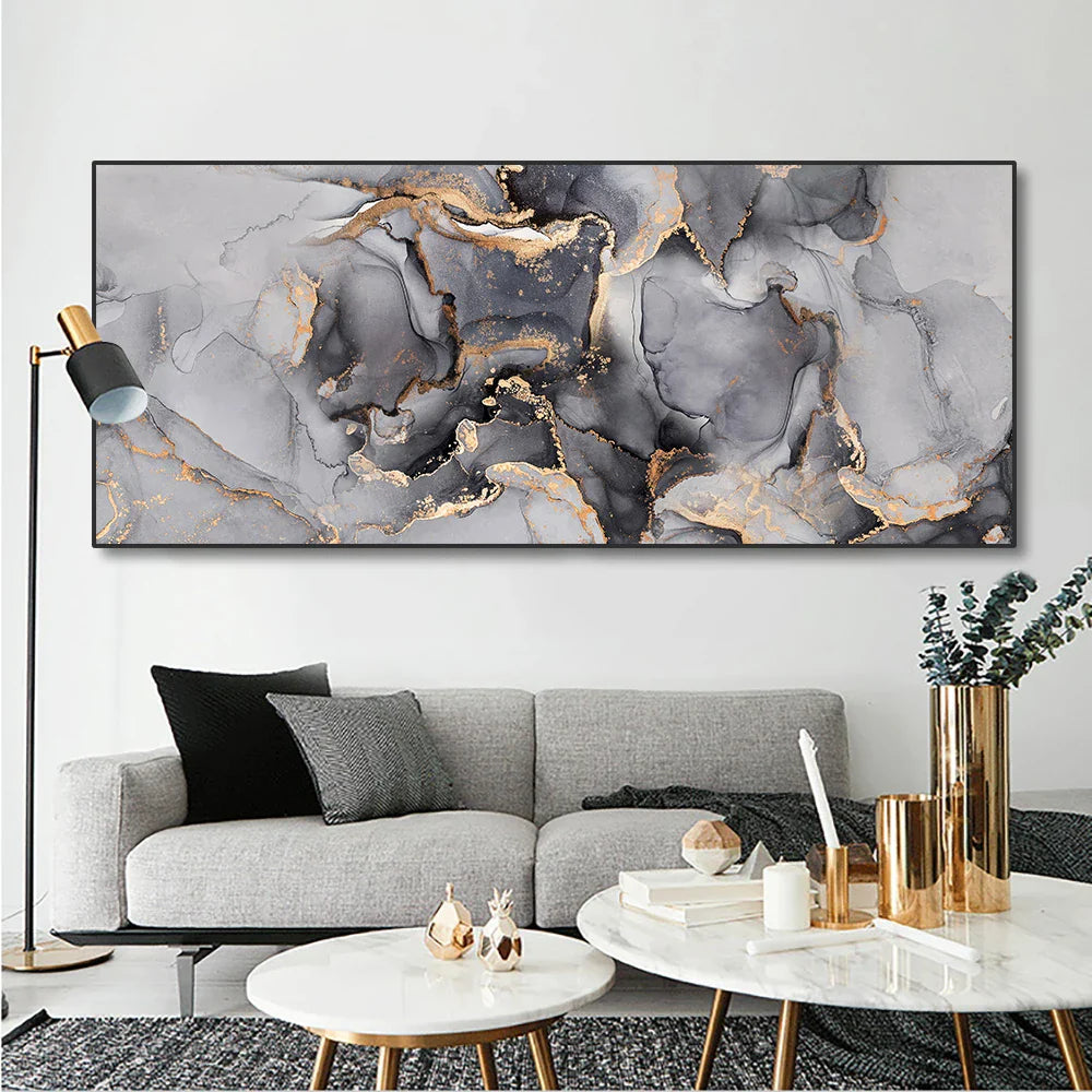 Abstract Grey Golden Liquid Marble Wall Art Canvas Prints Wide Format Pictures For Modern Living Room Decor