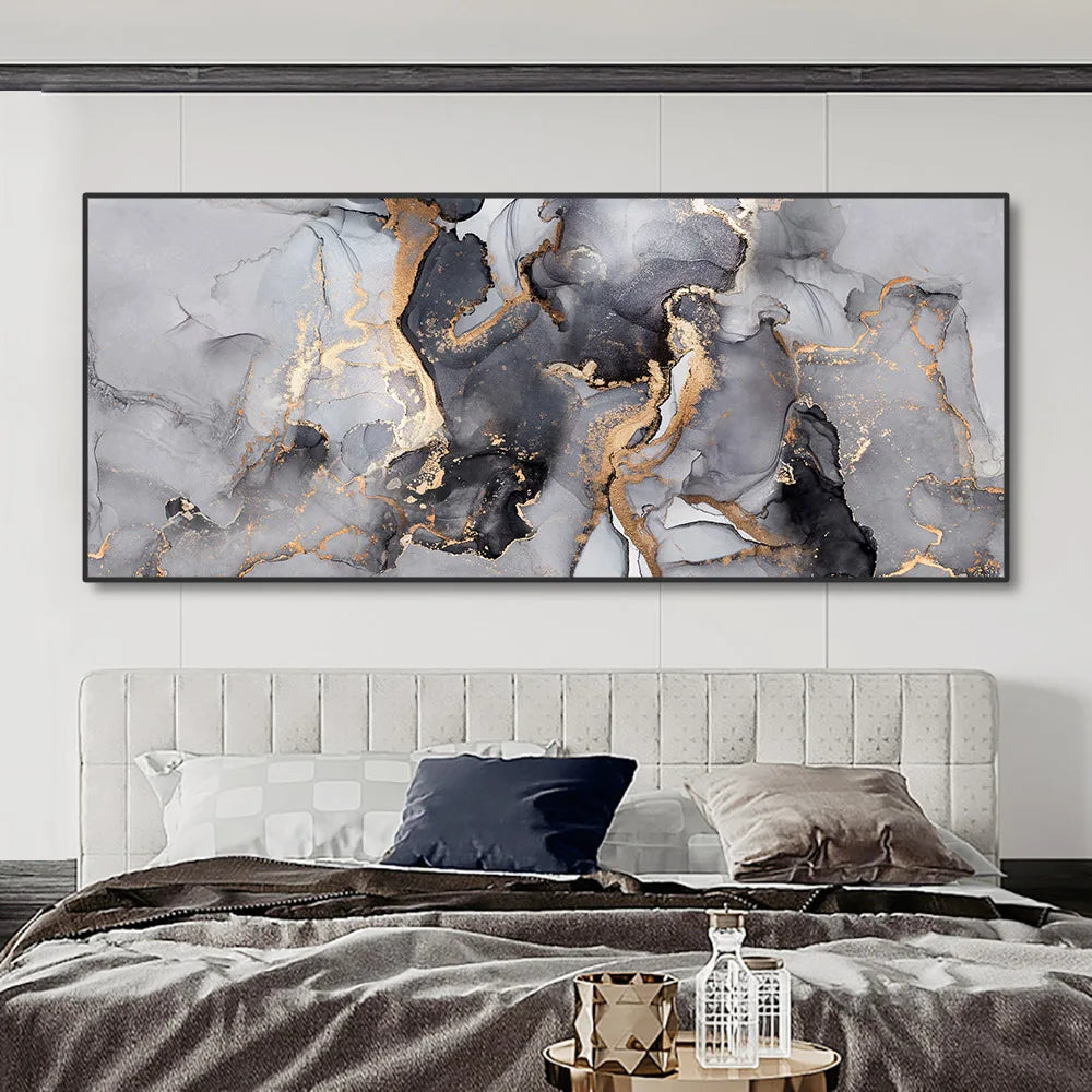 Abstract Grey Golden Liquid Marble Wall Art Canvas Prints Wide Format Pictures For Modern Living Room Decor