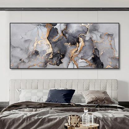 Abstract Grey Golden Liquid Marble Wall Art Canvas Prints Wide Format Pictures For Modern Living Room Decor