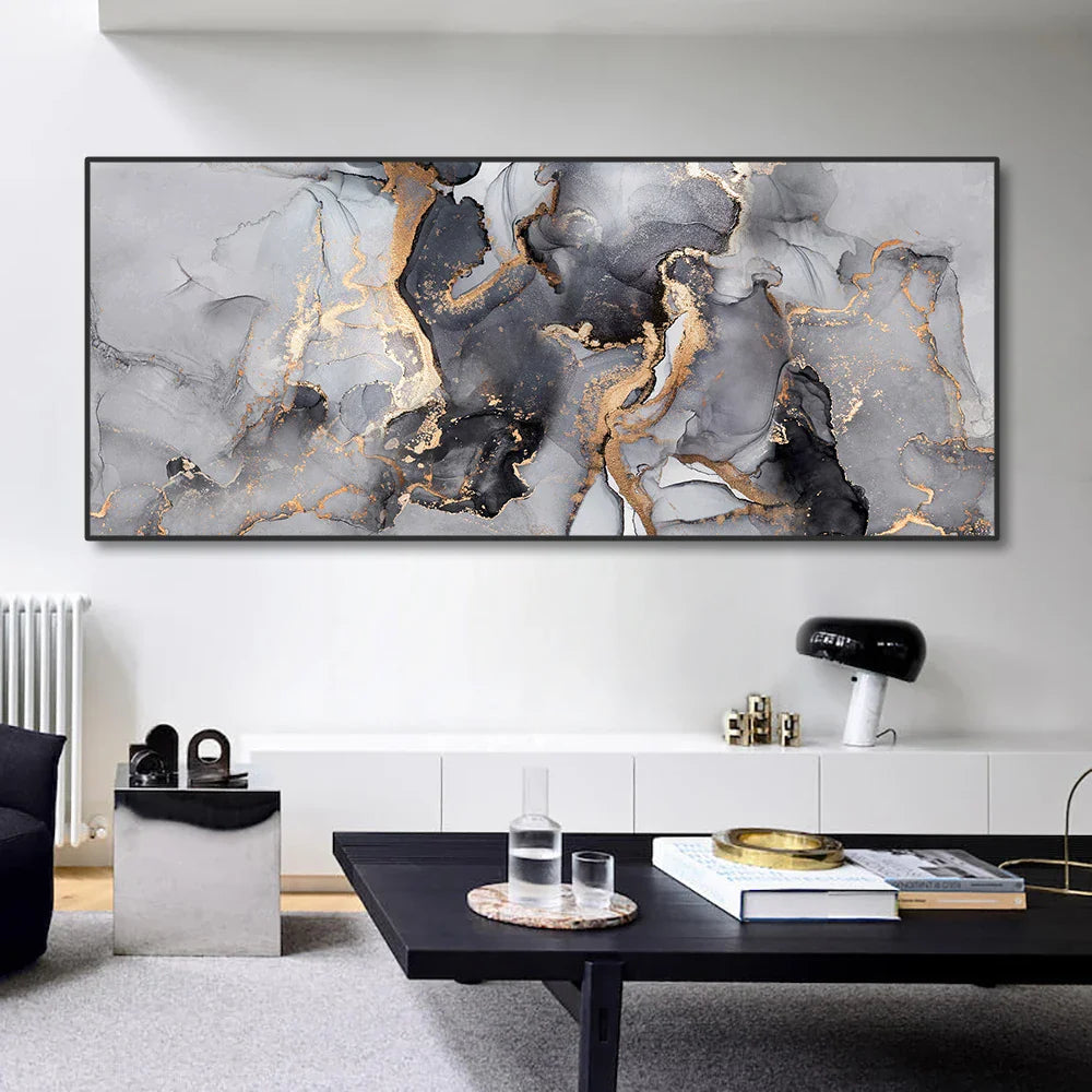 Abstract Grey Golden Liquid Marble Wall Art Canvas Prints Wide Format Pictures For Modern Living Room Decor